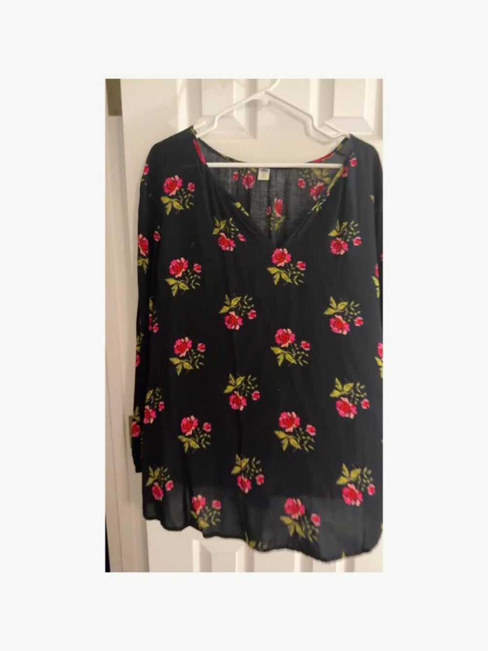 Old Navy Black Red Rose Print Long Sleeve Blouse XXL
